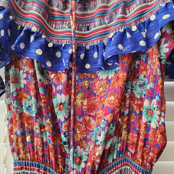 HIPPIE 1970s Diane Freis boho patterned ruffle dress Sz S M - Picture 4 of 5